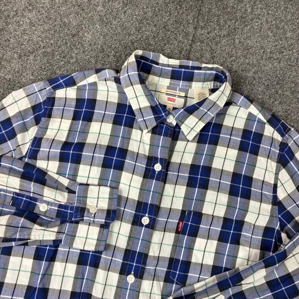 Levis Boyfriend Fit Plaid Button Down Shirt Blue White Green Size M Split Back